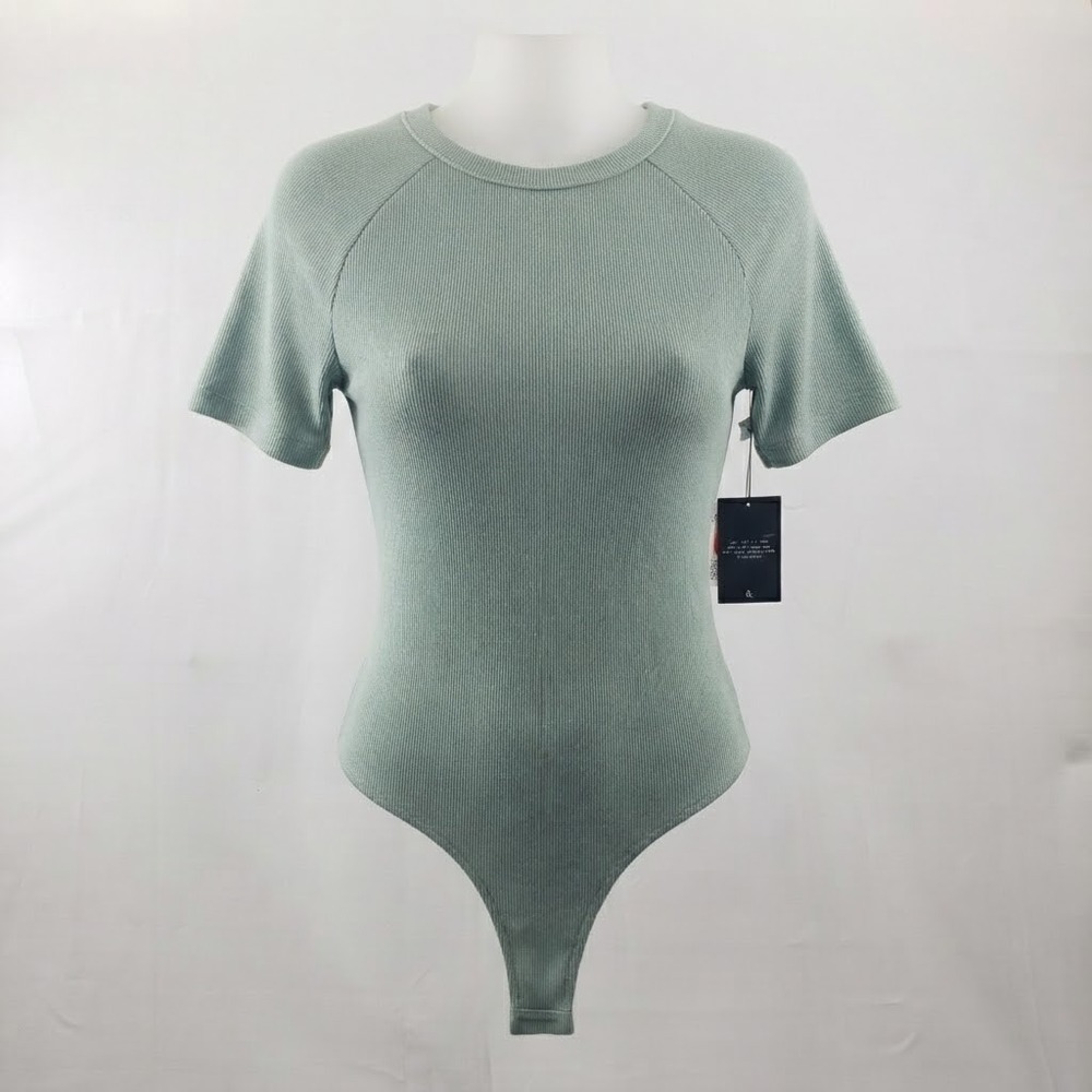 4th & Reckless Beau Cut-Out Bodysuit Teal Ribbed Short Sleeve Open Back XL NEW